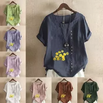Женская модная футболка с круглым вырезом и коротким рукавом с принтом хризантемы, повседневная рубашка из хлопка и льна с рисунком, свободная летняя блузка для отдыха, топы S розовый