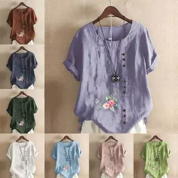 Женская модная футболка с круглым вырезом и коротким рукавом, повседневная хлопковая льняная рубашка с графическим принтом, свободная летняя блузка с цветочным принтом, топы S розовый