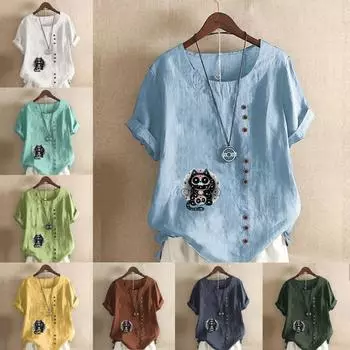 Женская модная футболка с круглым вырезом и коротким рукавом, повседневная хлопковая льняная рубашка с рисунком, летняя блузка с героями мультфильмов, топы, топы больших размеров S розовый