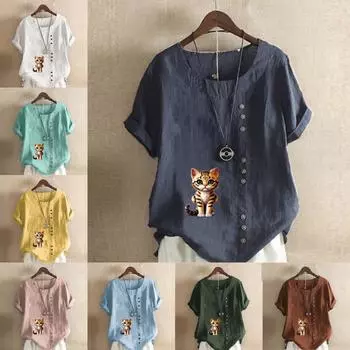 Женская модная футболка с круглым вырезом и коротким рукавом, повседневная хлопково-льняная рубашка с рисунком, свободная летняя блузка с принтом кота для отдыха, топы S розовый