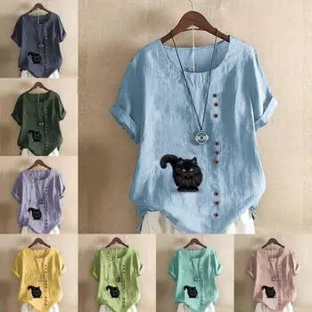 Женская модная футболка с круглым вырезом и короткими рукавами с принтом «черный кот», повседневная хлопково-льняная рубашка с рисунком, свободная летняя блузка для отдыха, топы S розовый