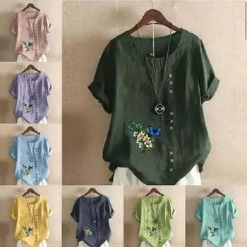 Женская модная футболка с круглым вырезом и коротким рукавом, повседневная хлопковая льняная рубашка с графическим принтом, свободная летняя блузка с цветочным принтом, топы S розовый