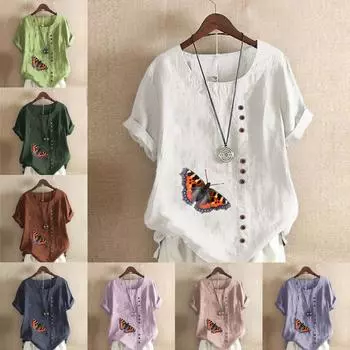 Женская модная футболка с круглым вырезом и коротким рукавом с принтом бабочки, повседневная хлопково-льняная рубашка с рисунком, свободная летняя блузка для отдыха, топы S розовый