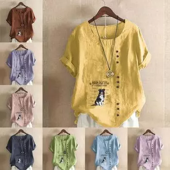 Женская модная футболка с круглым вырезом и коротким рукавом, повседневная рубашка из хлопка и льна с принтом, свободная летняя блузка с принтом в виде милой собаки, топы S розовый