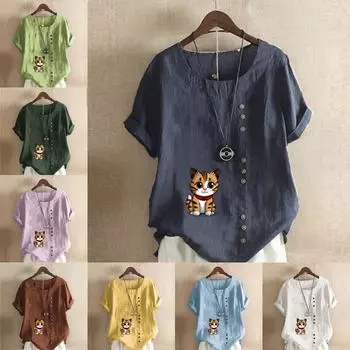 Женская модная футболка с круглым вырезом и коротким рукавом, повседневная хлопково-льняная рубашка с рисунком, свободная летняя блузка с принтом кота для отдыха, топы S розовый