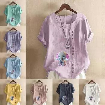 Женская модная футболка с круглым вырезом и коротким рукавом, повседневная рубашка из хлопка и льна с рисунком, свободная летняя блузка с принтом слона, топы S розовый