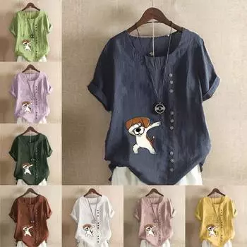 Женская модная футболка с круглым вырезом и коротким рукавом, повседневная хлопковая льняная рубашка с рисунком, летняя блузка с милым принтом собаки, топы больших размеров S розовый