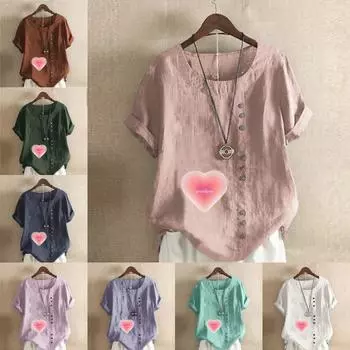 Женская модная футболка с круглым вырезом и коротким рукавом, повседневная хлопковая льняная рубашка с рисунком, свободная розовая летняя блузка с принтом «Любовь», топы S розовый