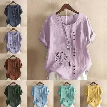 Женская модная футболка с круглым вырезом и коротким рукавом с принтом Roaring Dog, повседневная хлопково-льняная рубашка с рисунком, свободная летняя блузка для отдыха, топы S розовый