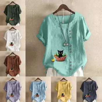 Женская модная футболка с круглым вырезом и короткими рукавами с принтом кота, повседневная хлопково-льняная рубашка с рисунком, свободная летняя блузка для отдыха, топы S розовый