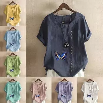 Женская модная футболка с круглым вырезом и коротким рукавом с принтом бабочки, повседневная хлопково-льняная рубашка с рисунком, свободная летняя блузка для отдыха, топы S розовый