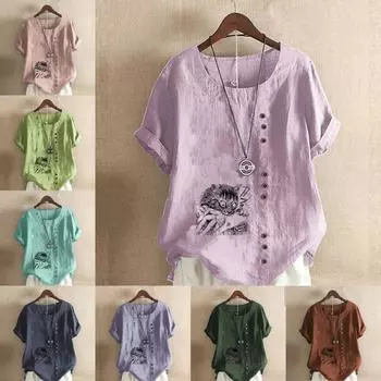 Женская модная футболка с круглым вырезом и короткими рукавами с принтом «Свирепый кот», повседневная хлопково-льняная рубашка с рисунком, свободная летняя блузка для отдыха, топы S розовый