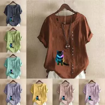 Женская модная футболка с круглым вырезом и короткими рукавами с принтом кота, повседневная хлопково-льняная рубашка с рисунком, свободная летняя блузка для отдыха, топы S розовый