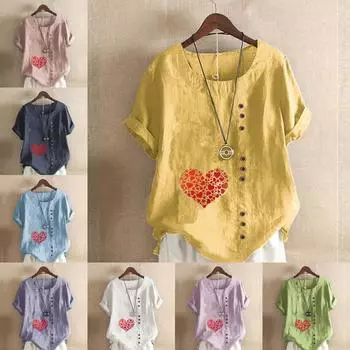 Женская модная футболка с круглым вырезом и коротким рукавом, повседневная хлопковая льняная рубашка с рисунком, свободная летняя блузка с принтом в форме сердца для отдыха, топы S розовый