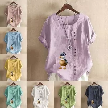 Женская модная футболка с круглым вырезом и коротким рукавом, повседневная рубашка из хлопка и льна с рисунком, свободная летняя блузка с принтом утки, топы S розовый