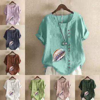 Женская модная футболка с круглым вырезом и коротким рукавом, повседневная хлопковая льняная рубашка с рисунком, свободная летняя блузка с принтом ракушек для отдыха, топы S розовый