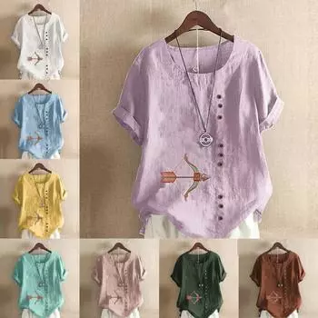 Женская модная футболка с круглым вырезом и коротким рукавом с принтом «стрельба из лука», повседневная рубашка из хлопка и льна с рисунком, свободная летняя блузка для отдыха, топы S розовый