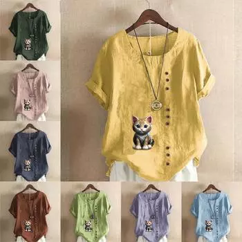 Женская модная футболка с круглым вырезом и коротким рукавом, повседневная хлопково-льняная рубашка с рисунком, свободная летняя блузка с принтом кота для отдыха, топы S розовый