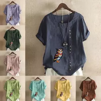 Женская модная футболка с круглым вырезом и коротким рукавом, повседневная рубашка из хлопка и льна с рисунком, свободная летняя блузка с принтом совы, топы S розовый