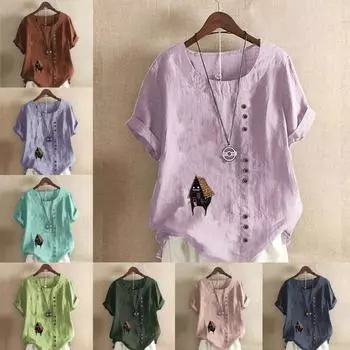 Женская модная футболка с круглым вырезом и короткими рукавами с принтом «Дом моды», повседневная хлопково-льняная рубашка с рисунком, свободная летняя блузка для отдыха, топы S розовый