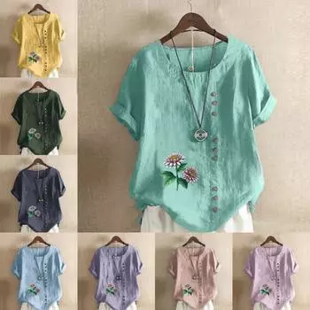 Женская модная футболка с круглым вырезом и коротким рукавом, повседневная рубашка из хлопка и льна с рисунком, свободная летняя блузка с принтом Epiphyllum, топы S розовый