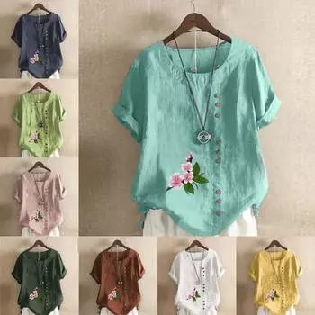 Женская модная футболка с круглым вырезом и коротким рукавом, повседневная хлопковая льняная рубашка с графическим принтом, свободная летняя блузка с цветочным принтом, топы S розовый