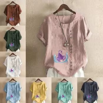 Женская модная футболка с круглым вырезом и коротким рукавом, повседневная рубашка из хлопка и льна с принтом, свободная летняя блузка с принтом скорпиона, топы S розовый