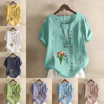 Женская модная футболка с круглым вырезом и короткими рукавами с принтом тюльпанов, повседневная хлопково-льняная рубашка с рисунком, свободная летняя блузка для отдыха, топы S розовый