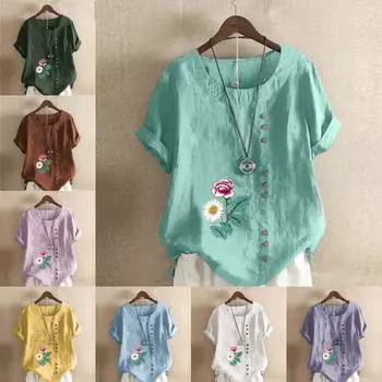 Женская модная футболка с круглым вырезом и коротким рукавом, повседневная хлопковая льняная рубашка с графическим принтом, свободная летняя блузка с цветочным принтом, топы S розовый