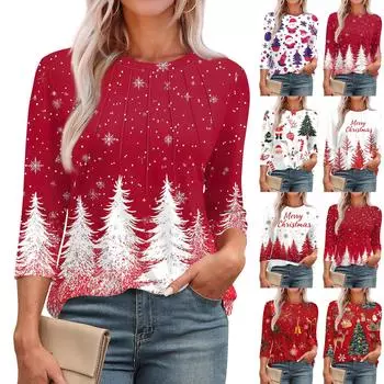 Женская модная футболка с круглым вырезом и рукавом 3/4 с рождественскими принтами, повседневная базовая плиссированная футболка-пуловер XL зелёный