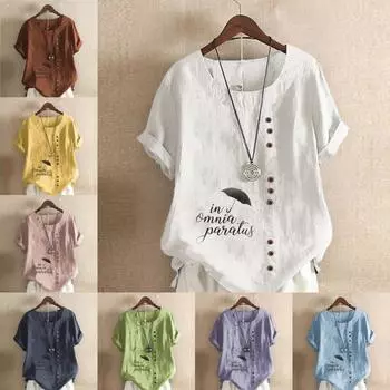 Женская модная футболка с круглым вырезом и коротким рукавом, повседневная хлопковая льняная рубашка с графическим принтом, летняя блузка с принтом в виде зонтика, топы больших размеров S розовый