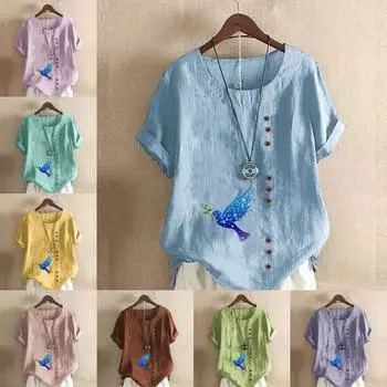 Женская модная футболка с круглым вырезом и коротким рукавом с принтом птиц, повседневная хлопково-льняная рубашка с рисунком, свободная летняя блузка для отдыха, топы S розовый