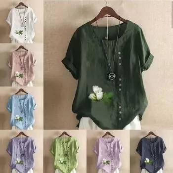 Женская модная футболка с круглым вырезом и коротким рукавом, повседневная рубашка из хлопка и льна с рисунком, свободная летняя блузка с принтом белой розы, топы S розовый