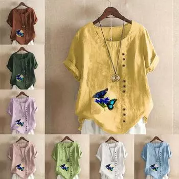 Женская модная футболка с круглым вырезом и коротким рукавом, повседневная хлопковая льняная графическая рубашка для отдыха с принтом бабочек, летняя блузка, топы S розовый