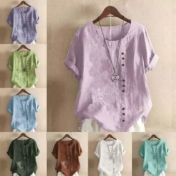 Женская модная футболка с круглым вырезом и коротким рукавом, повседневная хлопковая льняная рубашка с рисунком, свободная летняя блузка с принтом «Стрекоза» S розовый