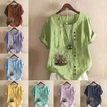 Женская модная футболка с круглым вырезом и коротким рукавом, повседневная хлопковая льняная рубашка с рисунком, свободные летние блузки с принтом растений и цветов для отдыха, топы S розовый