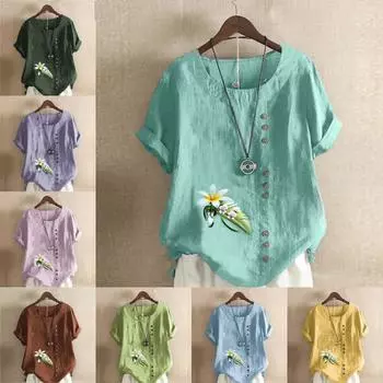 Женская модная футболка с круглым вырезом и коротким рукавом, повседневная хлопковая льняная рубашка с рисунком, свободная летняя блузка с цветочным принтом для отдыха, топы S розовый