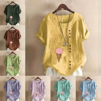 Женская модная футболка с круглым вырезом и коротким рукавом, повседневная хлопковая льняная рубашка с рисунком, свободная летняя блузка с принтом для отдыха, летняя блузка с принтом мороженого S розовый