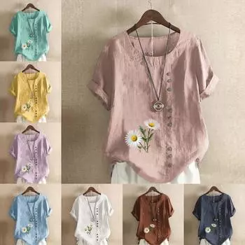 Женская модная футболка с круглым вырезом и коротким рукавом, повседневная хлопковая льняная рубашка с принтом хризантем, летняя блузка, топы больших размеров S розовый