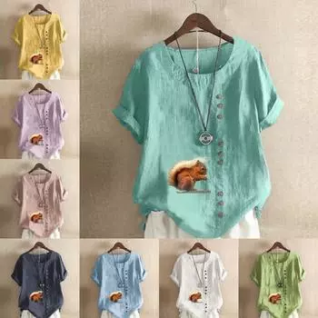 Женская модная футболка с круглым вырезом и коротким рукавом, повседневная рубашка из хлопка и льна с рисунком, свободная летняя блузка с принтом белки, топы S розовый