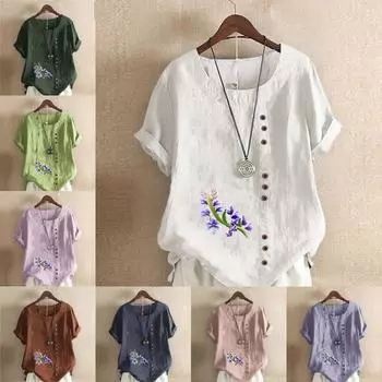 Женская модная футболка с круглым вырезом и коротким рукавом, повседневная хлопковая льняная рубашка с рисунком, свободная летняя блузка с цветочным принтом для отдыха, топы S розовый