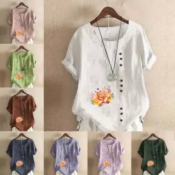 Женская модная футболка с круглым вырезом и коротким рукавом, повседневная хлопковая льняная рубашка с графическим принтом, свободная летняя блузка с цветочным принтом, топы S розовый
