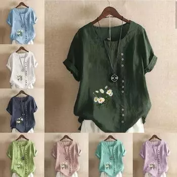 Женская модная футболка с круглым вырезом и коротким рукавом, повседневная хлопковая льняная рубашка с графическим принтом, свободная летняя блузка с цветочным принтом, топы S розовый