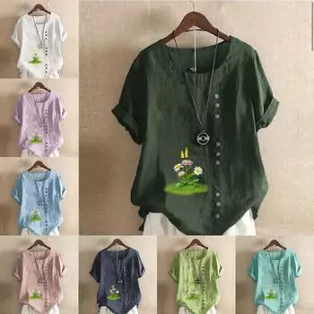 Женская модная футболка с круглым вырезом и коротким рукавом, повседневная хлопковая льняная рубашка с графическим принтом, свободная летняя блузка с цветочным принтом, топы S розовый