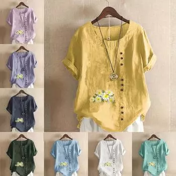 Женская модная футболка с круглым вырезом и коротким рукавом, повседневная хлопковая льняная рубашка с графическим принтом, свободная летняя блузка с цветочным принтом, топы S розовый