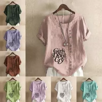 Женская модная футболка с круглым вырезом и коротким рукавом с буквенным принтом, повседневная хлопково-льняная рубашка с рисунком, свободная летняя блузка для отдыха, топы больших размеров S розовый