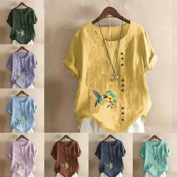 Женская модная футболка с круглым вырезом и коротким рукавом с принтом птиц, повседневная хлопково-льняная рубашка с рисунком, свободная летняя блузка для отдыха, топы S розовый