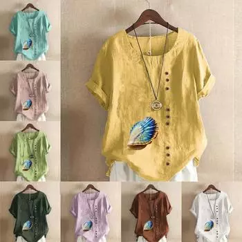 Женская модная футболка с круглым вырезом и коротким рукавом, повседневная хлопковая льняная рубашка с рисунком, летняя блузка с принтом, топы больших размеров S розовый