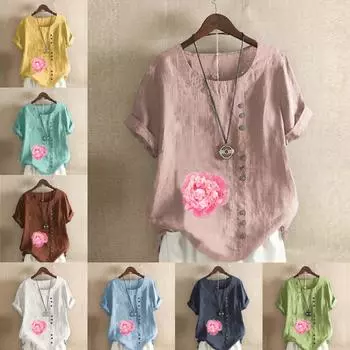 Женская модная футболка с круглым вырезом и коротким рукавом, повседневная хлопковая льняная рубашка с рисунком, свободная летняя блузка с цветочным принтом для отдыха, топы S розовый