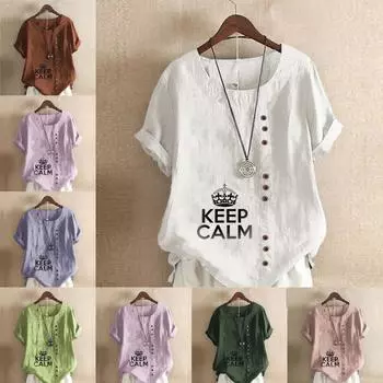 Женская модная футболка с круглым вырезом и коротким рукавом, повседневная хлопковая льняная рубашка с графическим принтом, свободная летняя блузка с буквенным принтом, топы S розовый